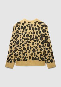 Maglione a stampa leopardata in morbido filato, con uno sfondo giallo e macchie nere e marroni. Polsini e orlo a coste, scollatura rotonda.