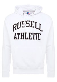 Sudadera blanca de mezcla de algodón, con un bolsillo frontal, capucha ajustable y texto "RUSSELL ATHLETIC" en negro. Textura suave.
