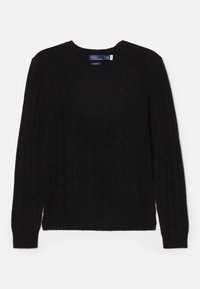 Schwarzer Kabelstrickpullover, runder Ausschnitt, lange Ärmel, gerippte Manschetten und Saum, aus weichem Material, mit durchgehendem strukturiertem Muster.
