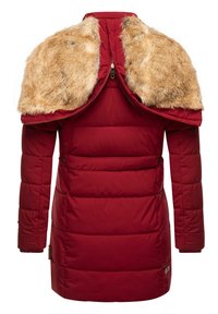 Red puffer jacket with faux fur shoulders, zip closure, ribbed cuffs, and vertical stitching. Smooth texture with padded insulation.