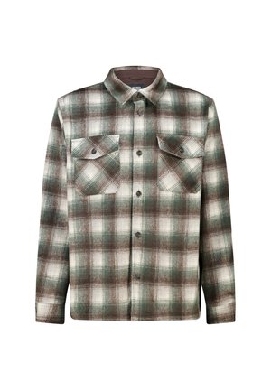Chemise en flanelle avec un motif à carreaux vert et marron, patte de boutonnage à l'avant, deux poches sur la poitrine et un col. Tissu doux et texturé.