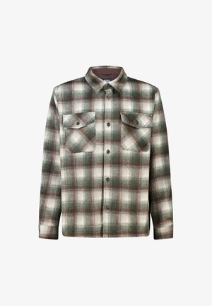Flannel shirt featuring a green and brown plaid pattern, button front, two chest pockets, and a collared neck. Soft, textured fabric.