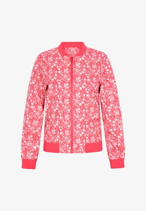 Virágmintás bomber dzseki élénk rózsaszín alapszínnel, fehér virágmintázattal, bordás gallérral és mandzsettákkal, cipzáras záródással és laza szabással.