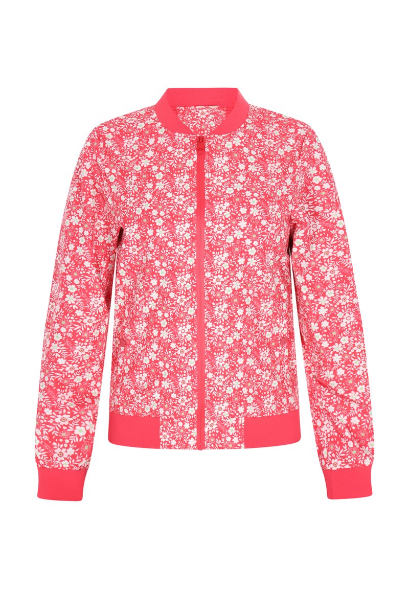 Giacca bomber floreale con una vivace base rosa e motivi floreali bianchi, colletto e polsini a coste, chiusura con zip e vestibilità morbida.