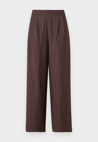 Pantalon marron à jambes larges avec taille haute et plis subtils sur le devant, en tissu texturé, présenté sur fond blanc.