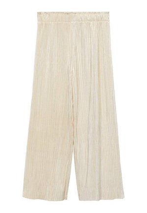 Pantalon beige clair à jambes larges en tissu plissé, doté d'une taille haute élastique et d'une texture lisse et brillante.