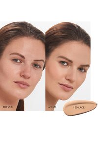 Foundation comparison with two side-by-side photos: left shows bare skin, right shows smooth, even skin tone. Swatch of shade 150 Lace below.