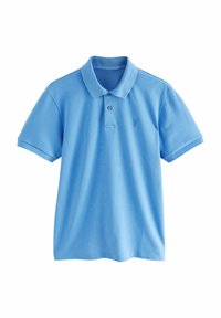 Svetlomodrá polo košeľa vyrobená z bavlny, s klasickým golierom, dvojradovým zapínaním na gombíky, krátkymi rukávmi a malým vyšitým logom na hrudi.