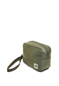 Olive green rectangular cosmetic bag made of soft leather, featuring a top zipper and a fabric handle on the side. Logo patch included.