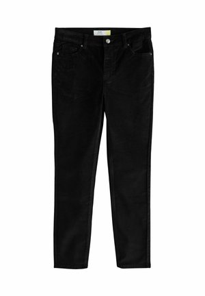Slim-fit černé džíny vyrobené z bavlněného denimu, s hladkou texturou, pěti kapsami a standardním zapínáním na knoflík a zip.