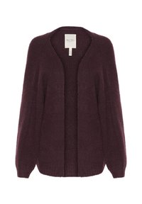 Cardigan bordeaux realizzato in morbido tessuto a maglia. Design aperto davanti con maniche lunghe e dettagli a coste ai polsi e all'orlo.