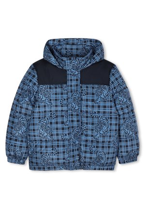 Blauw en zwart gevoerde capuchonjas met tijger- en geruite patronen, elastische manchetten en zwarte schouderpanelen.