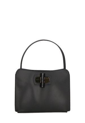 Borsa nera con una forma strutturata, materiale sintetico liscio, manico corto e un'accento luccicante nera sul fronte.