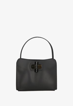 Borsa nera con una forma strutturata, materiale sintetico liscio, manico corto e un'accento luccicante nera sul fronte.