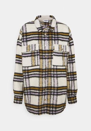 Langärmelige Hemdjacke mit weißem, gelbem, lila und schwarzem Karomuster und zwei vorderen Klappentaschen.