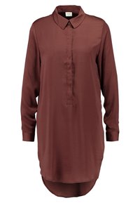 Chemisier long à manches, couleur marron foncé, pour femmes, avec col pointu, patte de boutonnage cachée et ourlet arrondi.