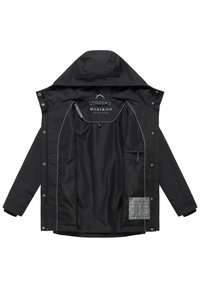 Čierna kapucňová bunda rozložená na rovnú plochu, zobrazuje hladú vnútornú podšívku s malým vreckom na zips a štítkom značky "MARIKOO" vo vnútri oblasti goliera.