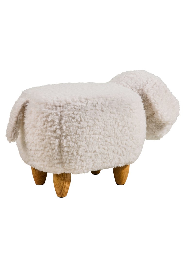 Witte, pluizige bekleding ottomane met ronde vorm en houten poten, die op een hond lijkt. Beschikt over grote oren en een zachte textuur.