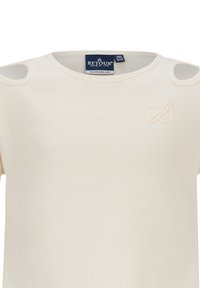 Cremfarbener Rippoberteil mit Rundhalsausschnitt, Schulter-ausschnitten und kleinem beigen Logodetail auf der Brust. Weicher Stoff und enganliegendes Design.