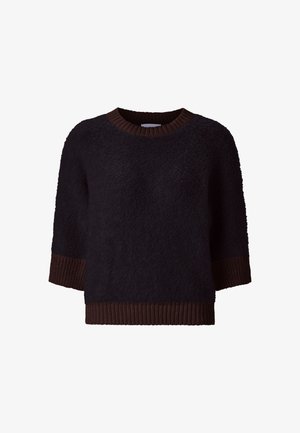 Schwarzer, fuzzy Pullover mit Rundhalsausschnitt, Dreiviertelärmeln und braunen gerippten Bündchen und Saum. Weiche Textur und lässige Passform.