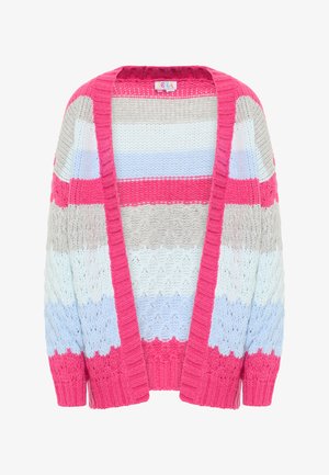 Sweter kardigan o luźnym kroju, w różowe, jasnoniebieskie, szare i białe poziome paski, otwarty z przodu, z fakturowanymi wzorami ściegów.