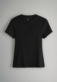 Schwarzes T-Shirt mit kurzen Ärmeln aus weicher Baumwolle, mit Rundhalsausschnitt und glatter Textur, ohne sichtbare Muster oder Akzente.