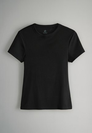 Black short-sleeve T-shirt made of soft cotton with a crew neckline and smooth texture, featuring no visible patterns or accents.