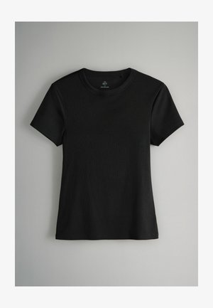 T-shirt noir à manches courtes en coton doux, avec un col rond et une texture lisse, ne présentant aucun motif ou accent visible.