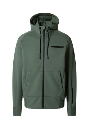 Felpa verde con zip e cappuccio con stringhe, tasche frontali e un piccolo logo nero sul petto e sulla manica, mostrata su uno sfondo bianco.