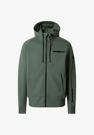 Grüner Kapuzenpullover mit Reißverschluss, Kordelzügen, vorderen Taschen und einem kleinen schwarzen Logo auf der Brust und am Ärmel, dargestellt auf weißem Hintergrund.