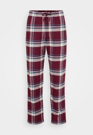Plaid lounge pants in burgundy, cream, and blue. Made of soft fabric, featuring an elastic waistband with a drawstring and straight legs.