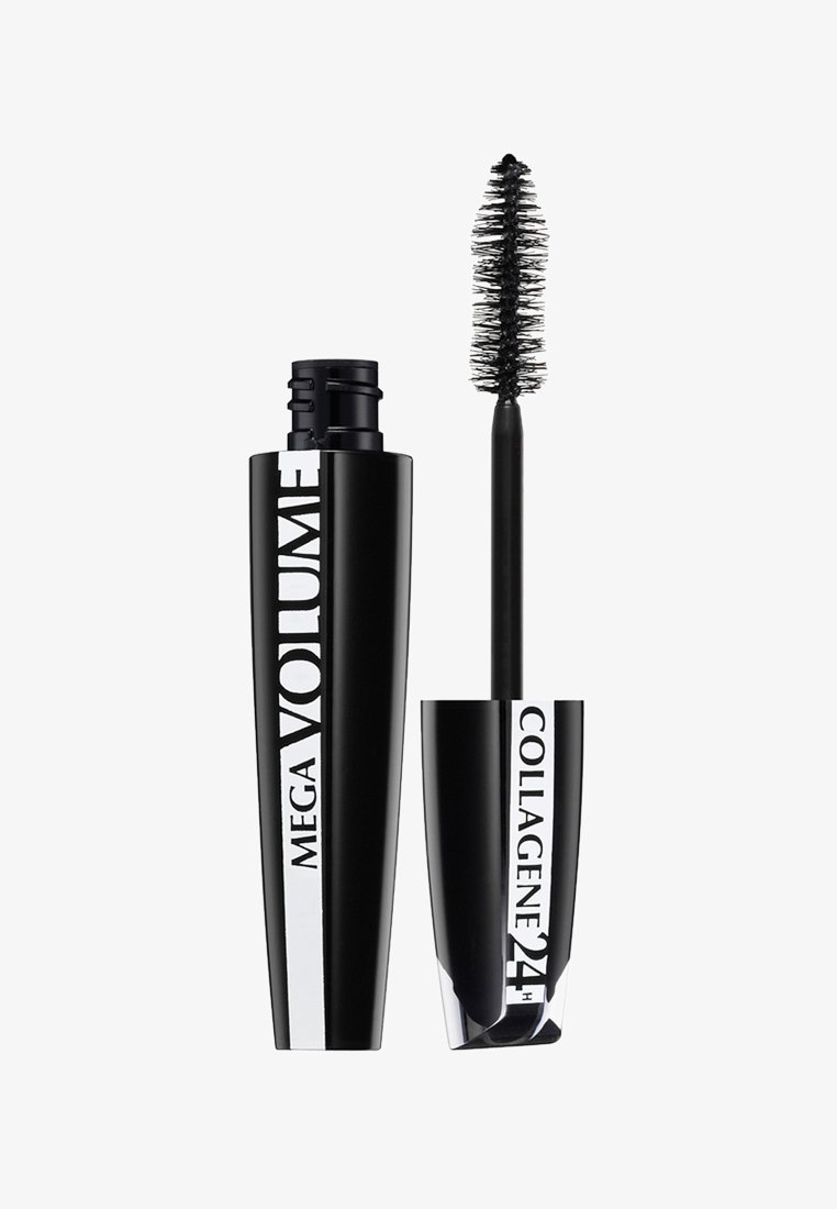 Tubetto di mascara nero etichettato "Mega Volume" con scovolino a setole dense accanto, confezione che evidenzia la formula "Collagene 24H".
