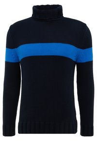 Maglione a collo alto navy con una spessa striscia orizzontale blu. Realizzato in materiale lavorato a maglia, presenta polsini e orlo a coste.
