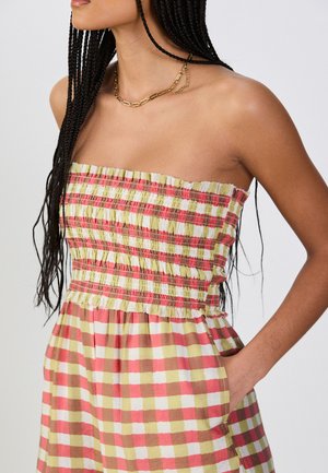 Next, TALL FIT - BANDEAU SHIRRED BODY BARREL LEG JUMPSUIT  . - Mono - pink green gingham check
