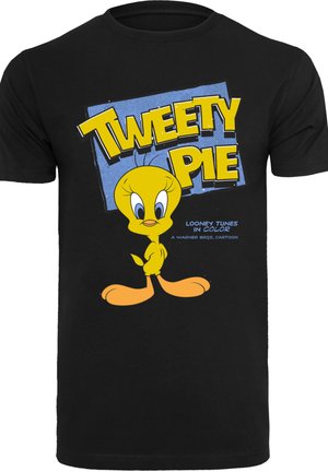 Černé bavlněné tričko s grafickým motivem žlutého Tweetyho ptáčka na modrém pozadí a nápisem "TWEETY PIE" tučným žlutým písmem.