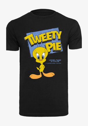 Černé bavlněné tričko s grafickým motivem žlutého Tweetyho ptáčka na modrém pozadí a nápisem "TWEETY PIE" tučným žlutým písmem.