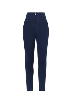 Vaaleat vyötärölahkeet, tummansininen legginsit joustavasta denimi kankaasta, joissa on vetoketjukiinnitys edessä ja slim-fit -muotoilu.