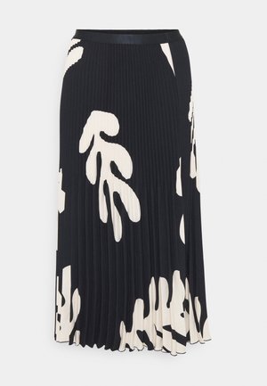Sort plisseret midinederdel med store hvide abstrakte bladmotiver og en glat talje.