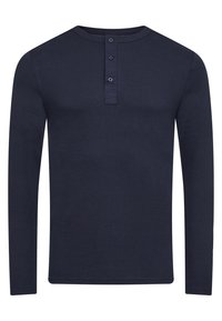 Mørkeblå langærmet t-shirt lavet af bomuld, med rund hals og knaplukning samt ribbede cuffs, glat tekstur og uden mønstre.