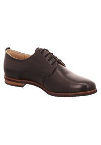 Brown leather dress shoe featuring a smooth finish, rounded toe, and six eyelet lace-up design. Light brown striped accent on the sole.