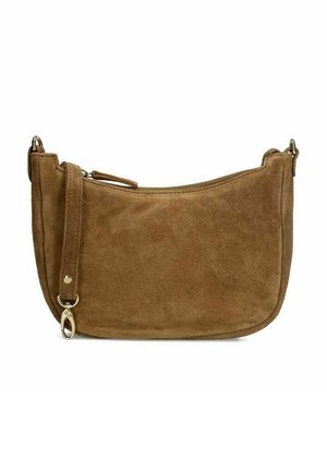Suede brown crossbody bag with a rounded shape. Features a zip closure, adjustable strap, and a smooth texture with minimal stitching details.