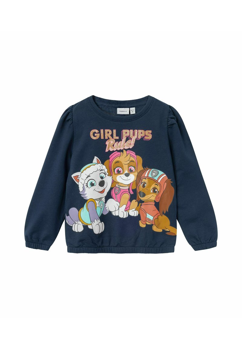 Felpa per bambini di colore blu navy con tre cagnoline animate e il testo "Le Cagnoline Regnano!" sul davanti.