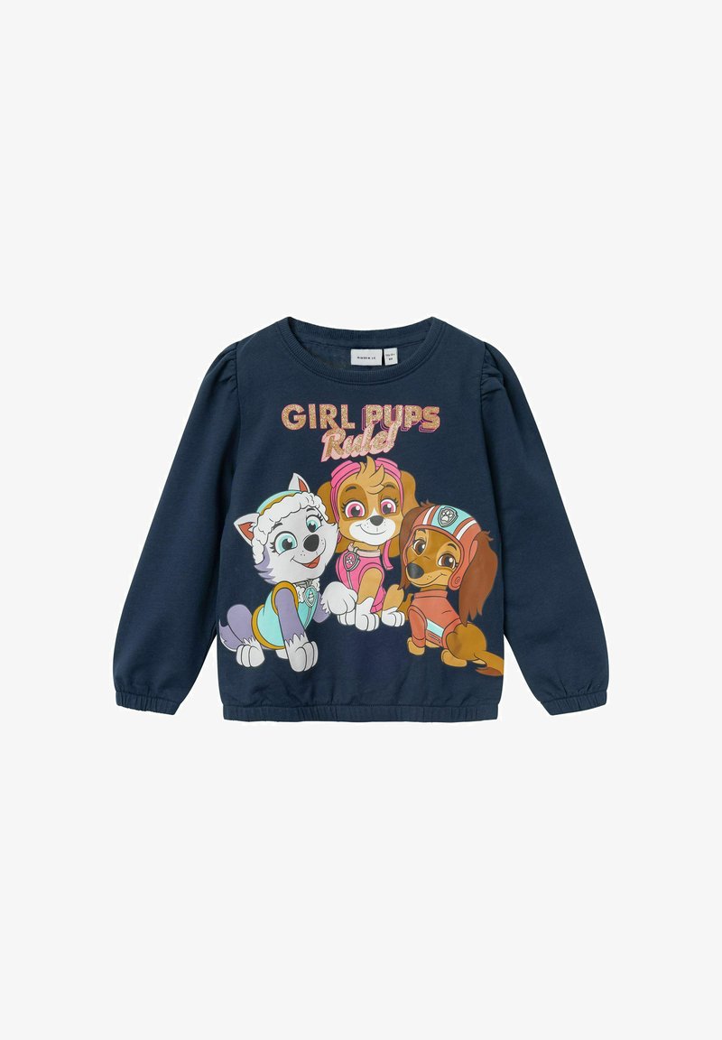 Navyblauwe kinderhoodie met drie geïllustreerde meisje puppy's en de tekst "GIRL PUPS Rule!" op de voorkant.
