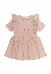 Vestido de algodón acanalado con mangas cortas, color rosa pastel, con acentos de hombros con volantes y un patrón floral en verde, amarillo y rosa.