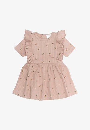 Riboto medvilnės suknelė su trumpomis rankovėmis, pastelinės rožinės spalvos, su volanų akcentais ant pečių ir gėlių raštu žalia, geltona ir rožine spalvomis.