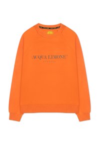 Orange sweatshirt med raglanärmar, med texten "ACQUA LIMONE classic" i grått över framsidan. Mjuk tygstruktur.