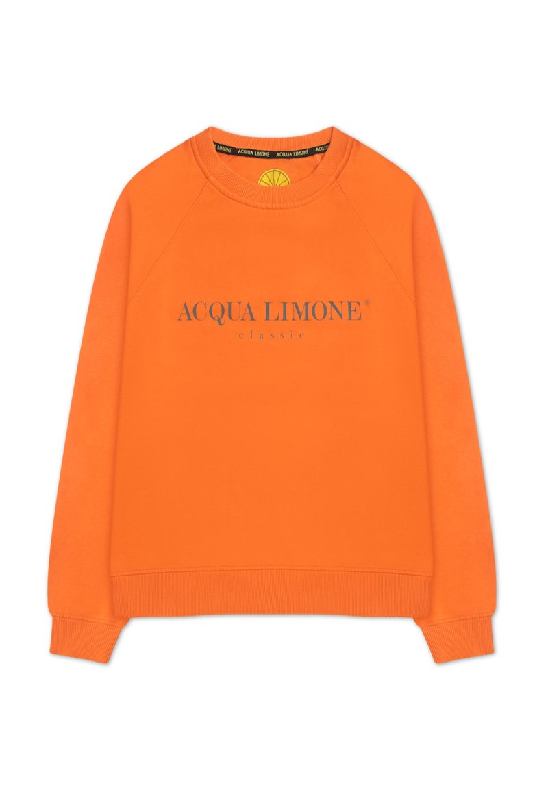 Orange sweatshirt med raglanärmar, med texten "ACQUA LIMONE classic" i grått över framsidan. Mjuk tygstruktur.