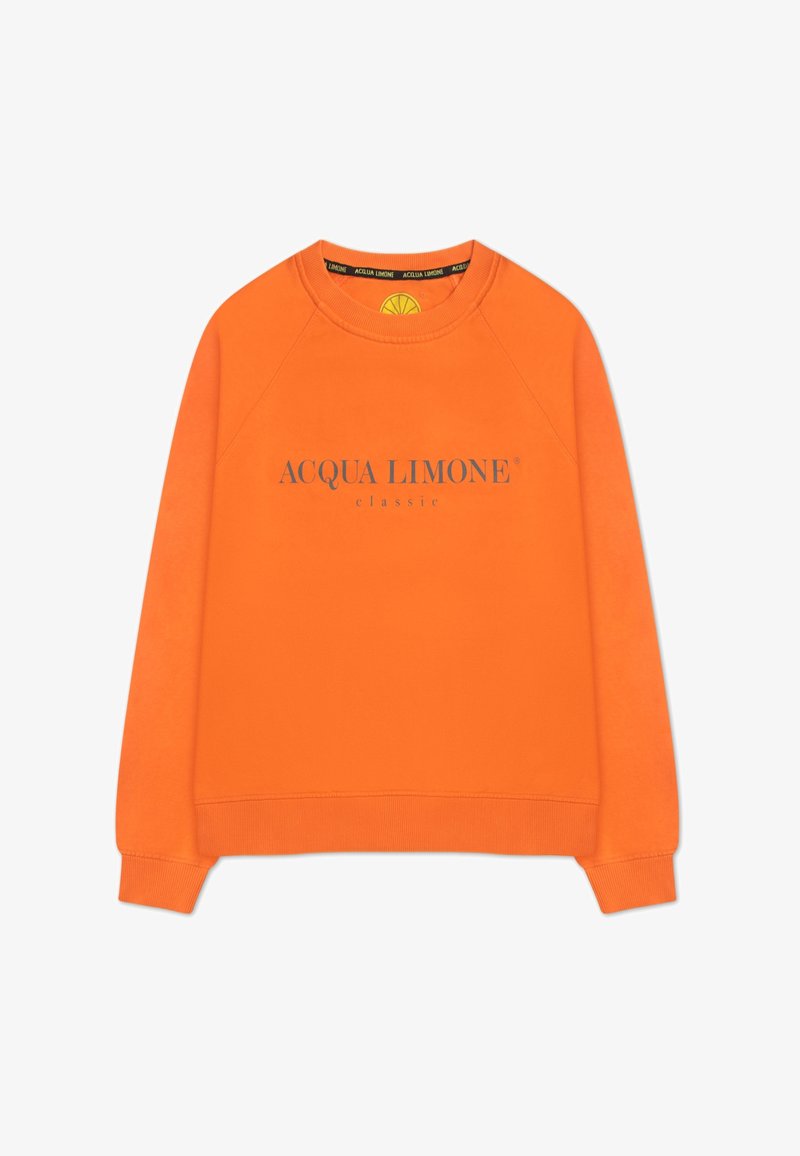 Orange sweatshirt med raglanärmar, med texten "ACQUA LIMONE classic" i grått över framsidan. Mjuk tygstruktur.
