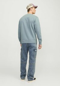 Felpa grigia con scollo rotondo, abbinata a jeans cargo blu con grandi tasche. Il modello indossa un cappellino beige e viola.