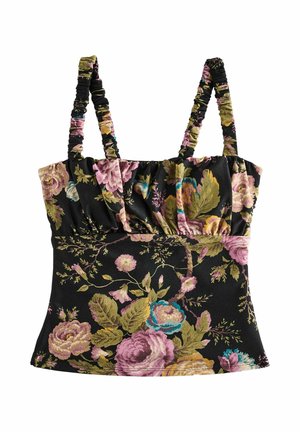 Schwarzes ärmelloses Top mit Blumenmuster, gerafften Trägern und Rosenmustern in Vintage-Stil in Pink, Grün, Blau und Gelb.